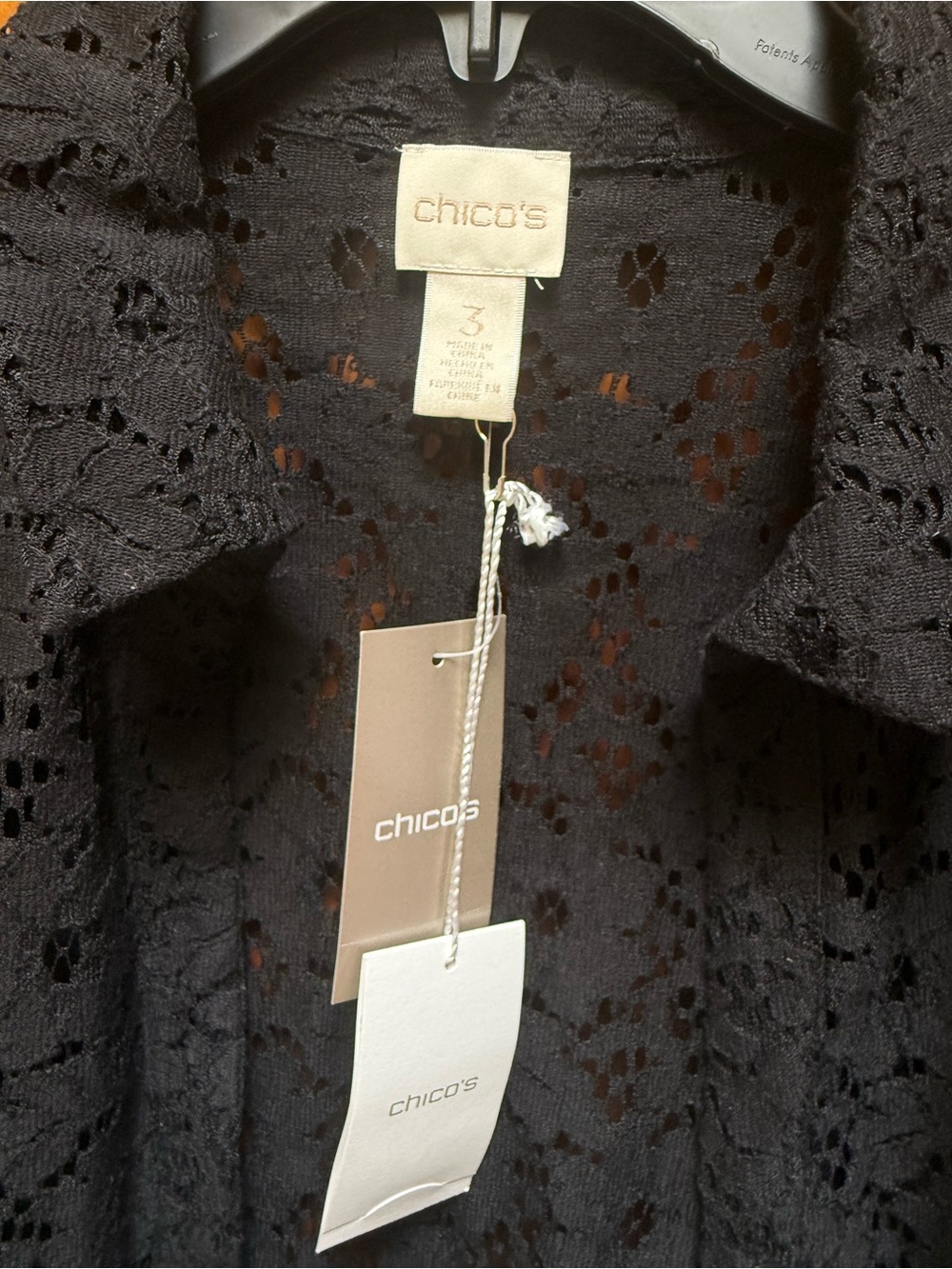 Chico's, New With Tags, Black Floral Lace Button-Front Shirt Size 3